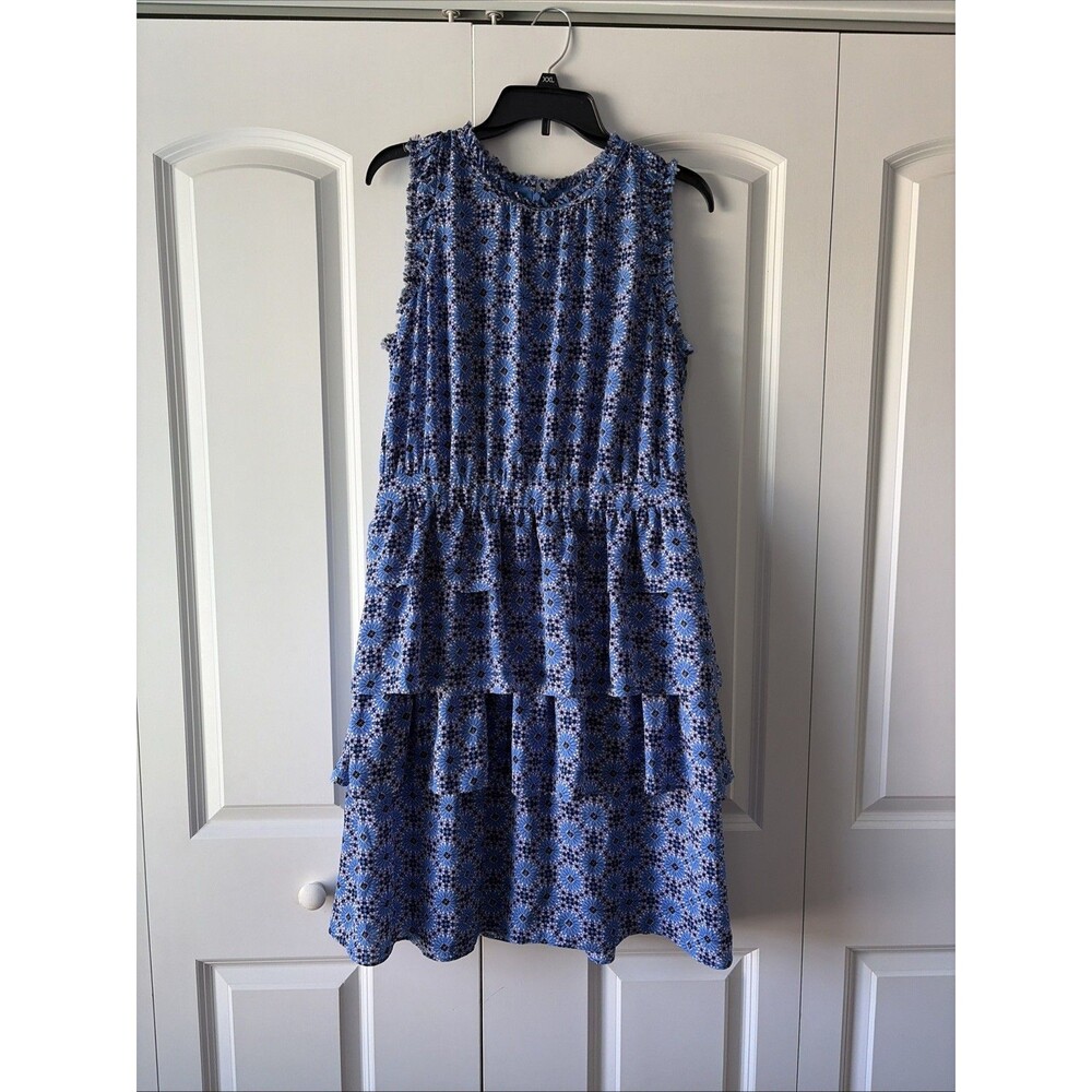 Banana Republic floral Tiered Ruffle Sleeveless Blue Zip back Dress Size 14